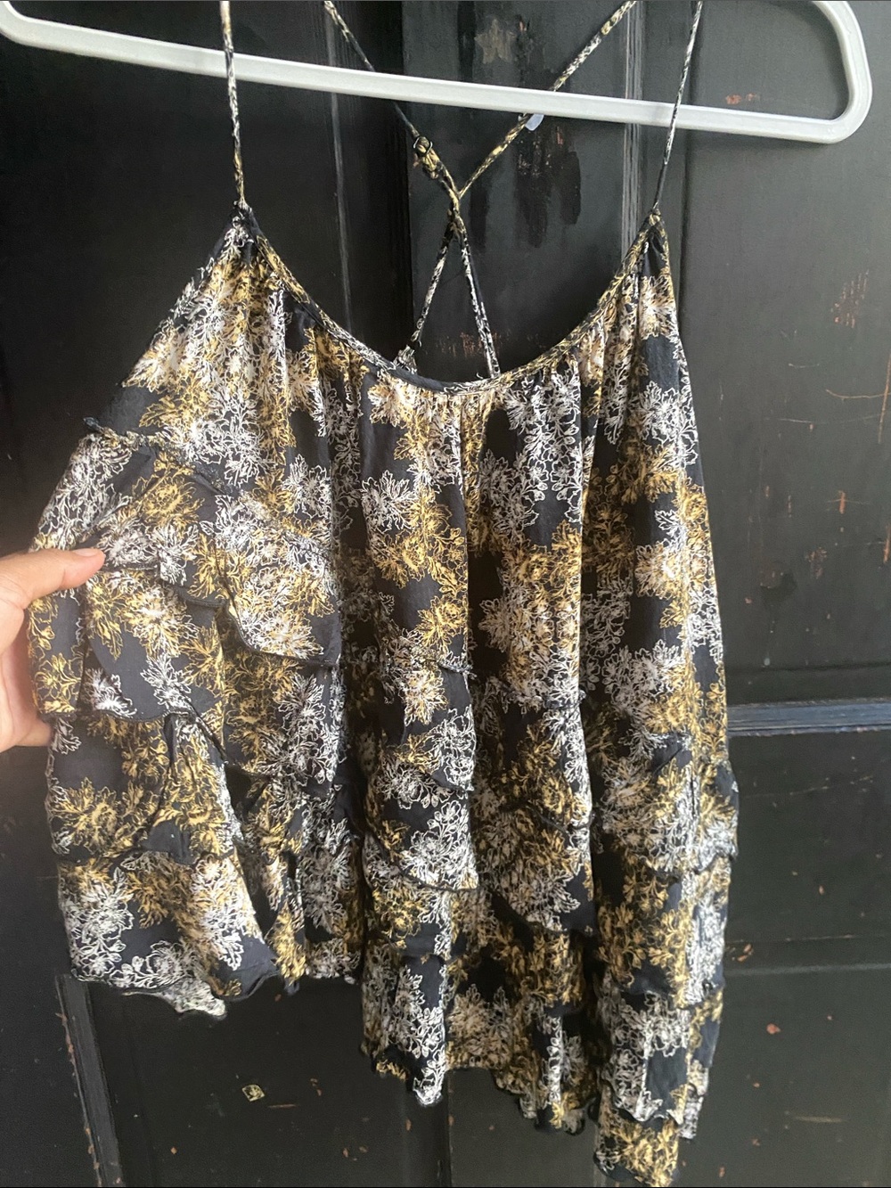 Free People Black Spaghetti Strap Floral Cami with Gold & White Print